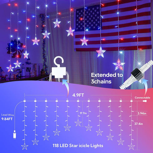 4th String,11.5ft 118LED 8 of July Patriotic Star Icicle Lights,red White and Blue Curtain Waterproof Modes with Timer