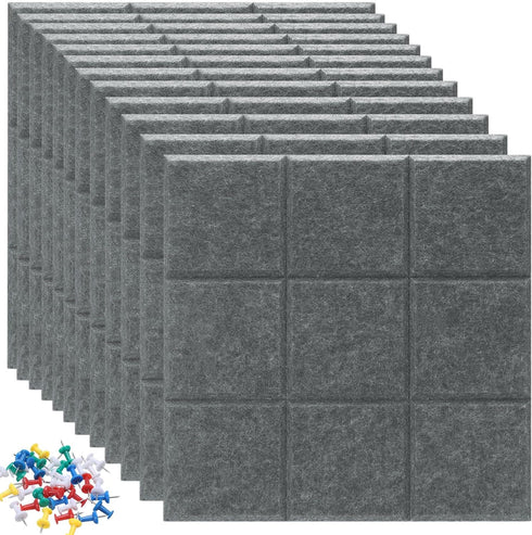 PATIKIL Felt Board Tiles, 12 Pack Self Adhesive Square Wall Bulletin Pin Board with Push Pins for Home Office Decor