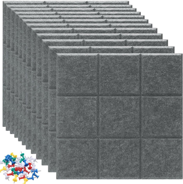 PATIKIL Felt Board Tiles, 12 Pack Self Adhesive Square Wall Bulletin Pin Board with Push Pins for Home Office Decor