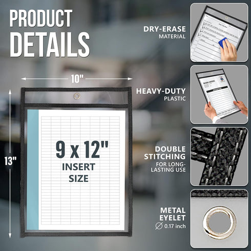 5 Pack 9x12 Job Ticket Holders - Work Order Plastic Sleeves for Documents - Shop Ticket Holders - Heavy Duty Plastic
