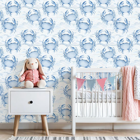 Kanworse 17.7"x394" Peel and Stick Wallpaper Blue Crab Watercolor Soft Waves Delicate Details Contact Paper Removable