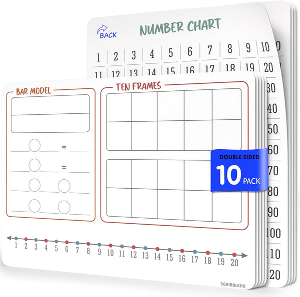 SCRIBBLEDO Bar Model 9”x12” Small White Board, 10 Sheets Dry Erase Math Manipulatives Number Chart for Classroom