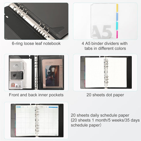 CAGIE A5 6 Ring Binder Notebook with Dividers, Refillable Planner with Pockets, Dark Grey, 7 x 9.25 Inch