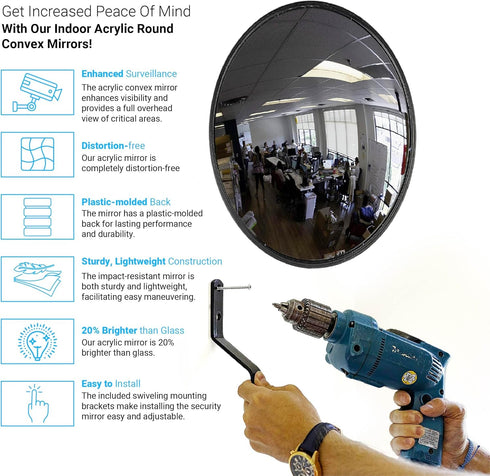 12” Acrylic Indoor Convex Mirror with Plastic Back, Round Security Mirror for Garage, Store Safety