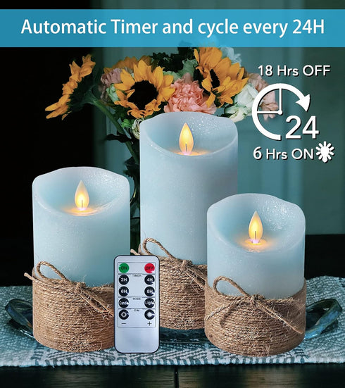 Set 3 Ocean Blue Flameless Candles, Nautical Themed Led Pillar Candles with Remote & Timer, Decorative Flickering