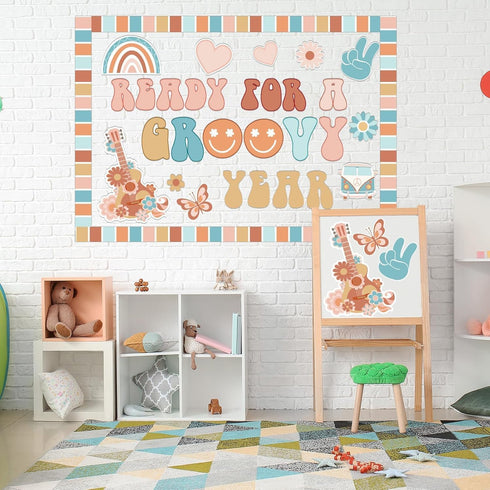 ZOiiWA Groovy Retro Bulletin Board Decoration Set Boho Hippie Classroom Kit with School Bus and Guitar Cutouts