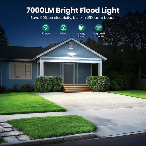 70W 7000LM 4 6500K IP65 LED Flood Lights Outdoor, Switch Controlled Security Lights with Heads, Adjustable Heads
