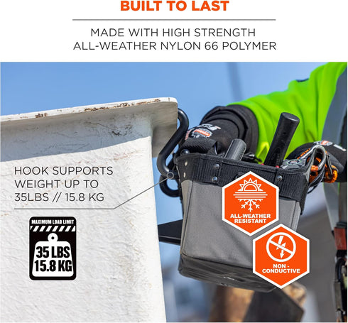 Ergodyne Squids 3179 Aerial Bucket Hook, Fits 2" Lip for Attaching Tool Bags or Aprons to Buckets