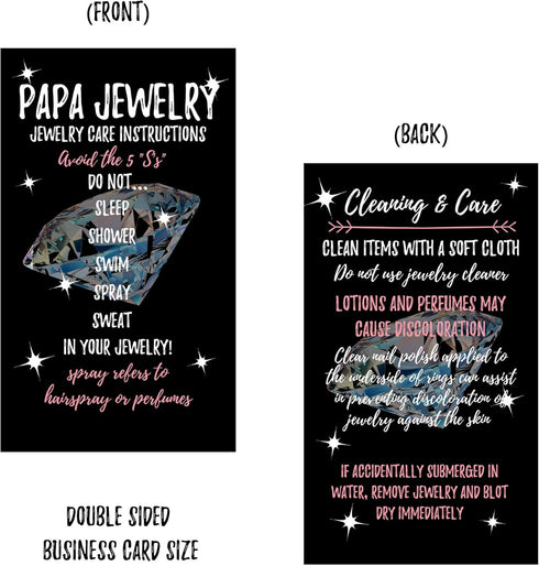 Jewelry Cleaning and Care Cards for Papa, Package of 50, Bling Luminous Silver Diamond Jewelry Care Instructions