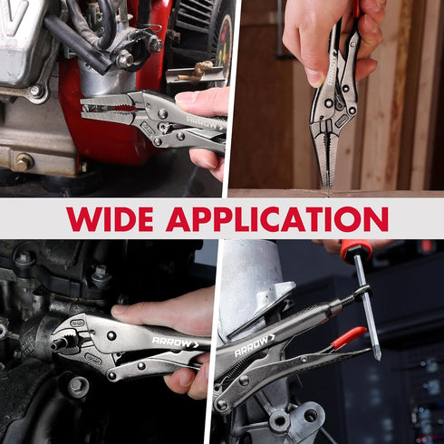3-Piece Set 6.5" 7" 10" Arrow Locking Pliers - Long Nose and & Curved Jaw Locking Pliers, CR-MO Steel Construction