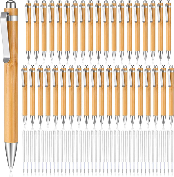 Fainne Bamboo Pens Bulk, Natural Engraving Retractable Bamboo Pen with Extra Black Ink Refills, 40 Pcs