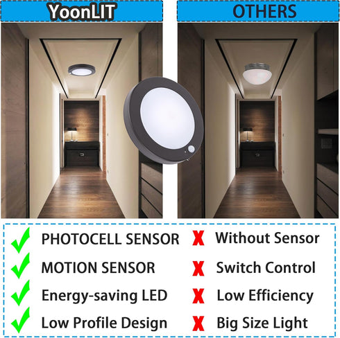Closet, 6.2 Inch 10.5W 700 3000K 1-Pack YoonLIT Flush Mount Motion Sensor LED Ceiling Light with Photocell Sensor
