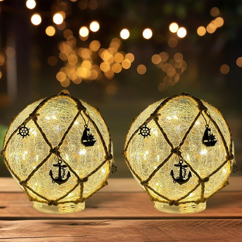 Quasynel 2PCS Glass Fishing Night Lights - 6inch Cracked Glass Ball Nautical Lamp