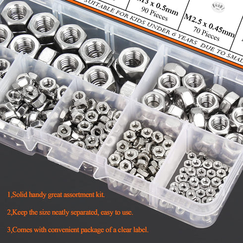360 Pieces 304 Stainless Steel Hex Nuts Assortment Kit, 7 Sizes (M2 M2.5 M3 M4 M5 M6 M8)