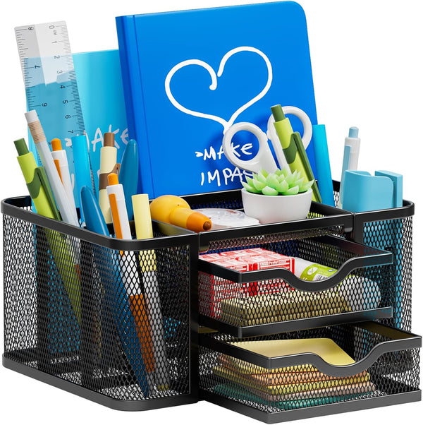 Marbrasse Mesh Desk Organizer, Pen Organizer with 2 Drawers, 5 Compartments for Office Art Supplies, Black