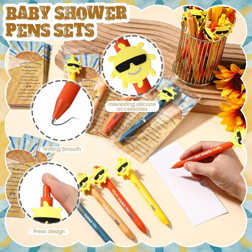 Sayglossy 100 Sets Here Comes The Son Theme Baby Shower Favors for Guests Ballpoint Thank You Card Organza Bag Boho