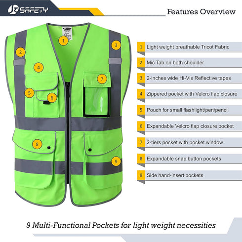 JKSafety Class 2 High Visibility Safety Vest 9 Pockets Zipper Front Reflective Strips 150-Green 4X-Large