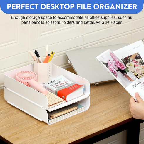 Desk Letter Tray - Set of 2 Stackable PET Document Organizer for Notes, Pens, File Paper, White