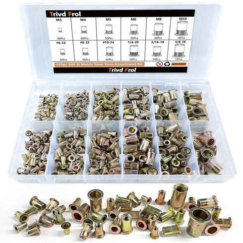 Trivd Frol Rivet Nut Tool Kit, 520pcs SAE & Metric Rivet Nut Assortment Kit