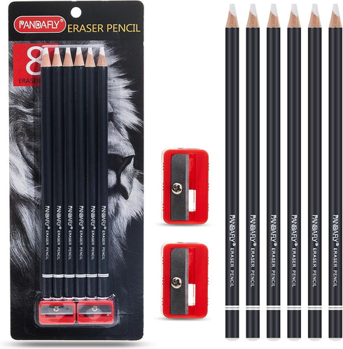 PANDAFLY Eraser Pencil Set - 6pc Eraser Pencils and 2pc Sharpener for Sketching, Charcoal Drawings, Art Supplies