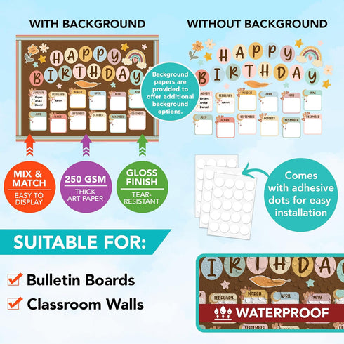Decorably 97 Pcs Boho Birthday Chart for Classroom with Borders - Birthday Bulletin Board Decorations for Happy Birthday