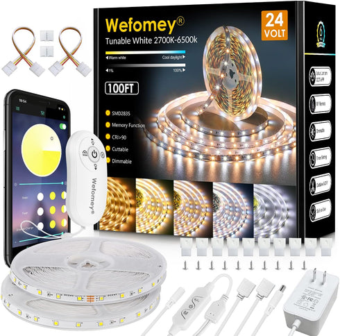 Wefomey White LED Strip Lights, 100ft Dimmable Bright 24V Led Tape Light with