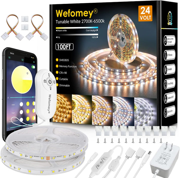 Wefomey White LED Strip Lights, 100ft Dimmable Bright 24V Led Tape Light with