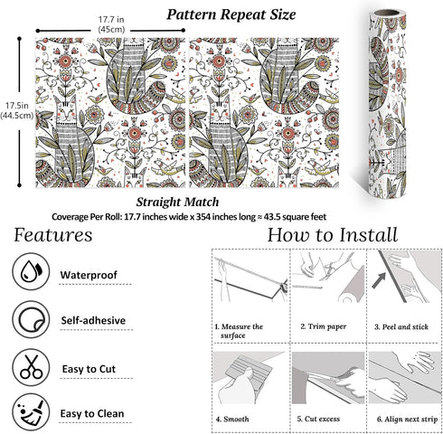 17.7''x354'' VEELIKE Boho Cat Wallpaper Peel and Stick Cat Themed Floral Wallpaper for Nursery Playroom Kids Room