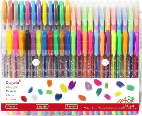 Kunyida Glitter,1.0 mm Tip,48 Gel pens for Adult Coloring Book with Case,Including Metallic, Pastel, Neon, Fine Point