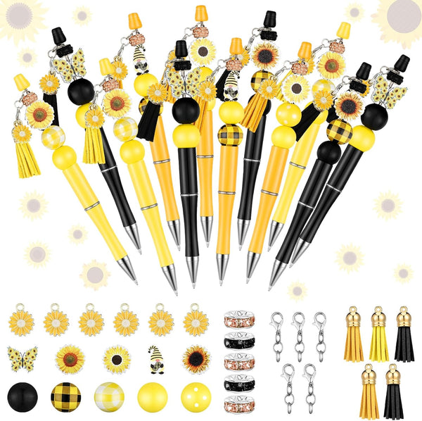 ReliThick 15 Sets Sunflower Beadable Pens, Bulk Plastic Beadable Pens, Black Ink Ballpoint Pen DIY Set for Women Kids