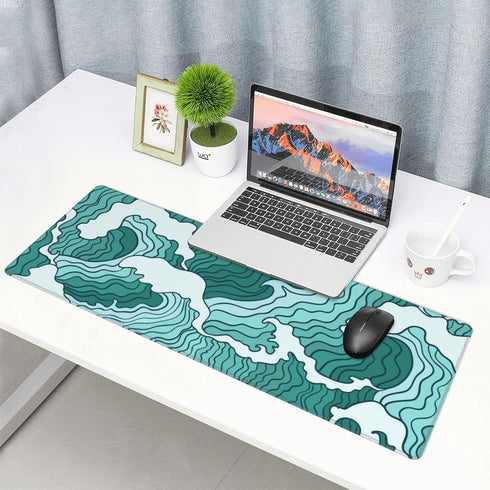 XL Japanese Green and White Wave Gaming Mouse Pad, Non-Slip Rubber Base, Stitched Edges, 31.5 x 11.8 Inch