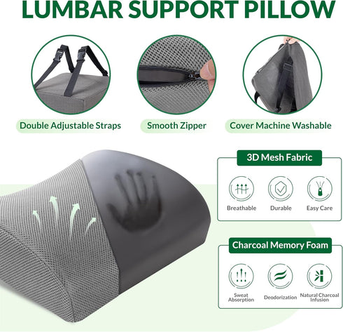 FuturaLoom Set, Tailbone Seat Cushion & Adjustable Lumbar Support Pillow Charcoal Memory Foam Back & Pain Relief