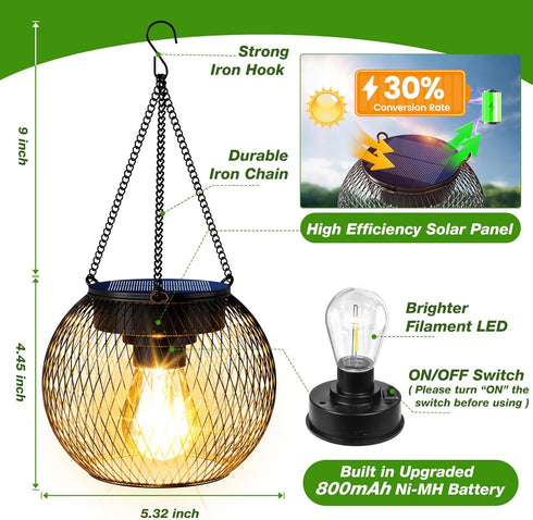 2 Pack, 13.45" Solar Lanterns Outdoor Waterproof Metal Solar Hanging Lights with Hooks & Auto On/Off, Brighter Warm