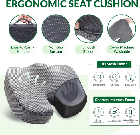FuturaLoom Set, Tailbone Seat Cushion & Adjustable Lumbar Support Pillow Charcoal Memory Foam Back & Pain Relief