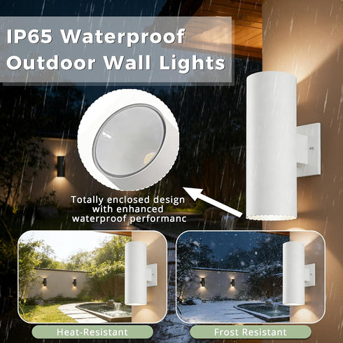 12'' 23W 3000K IP65 2 Pack Outdoor Wall Lights, Up and Down LED Cylinder Exterior Lighting Fixtures, Waterproof Wall