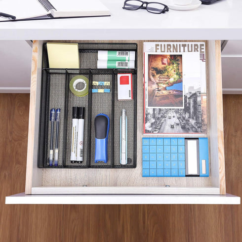 WuGeShop Office Desk Drawer Organizer, 5 Compartments Mesh Tray for Storage of Art Supplies, Stationery, Black