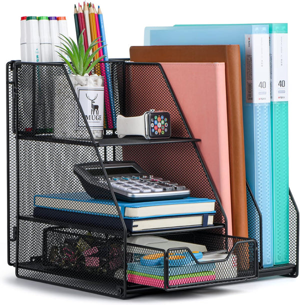 Desk Organizer with 2-Tier Paper Letter Tray, Drawer, and 2 Pen Holder for Office Supplies
