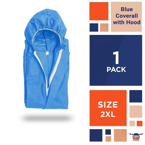 Blue Disposable Coveralls with Hood, XXL. 1 Pack 50 GSM PP Painters Suit Disposable. Unisex Hazmat Suits Disposable. Disposable Painters Coveralls with Elastic Cuffs, Ankles, Waist, Zipper