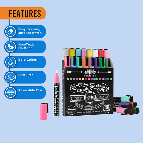Loddie Doddie Liquid Chalk Markers, Dust Free Chalk Pens, 6mm Reversible Bullet & Chisel Tip, Pack of 16