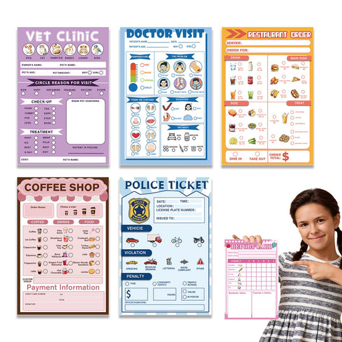 6 Pack Pretend Playtime Notepads Playtime Pads Doctors Report Grocery List Vet Restaurant Coffee Checklist Notepads