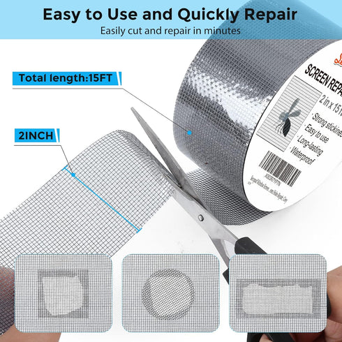 Grey Window Screen Repair Tape, 2 in X 15 FT (180IN) Screen Repair Kit for Windows or Doors Screen Repair, Strong Adhesive Screen Patch Repair Kit Fiberglass Screen Tape Mesh Repair