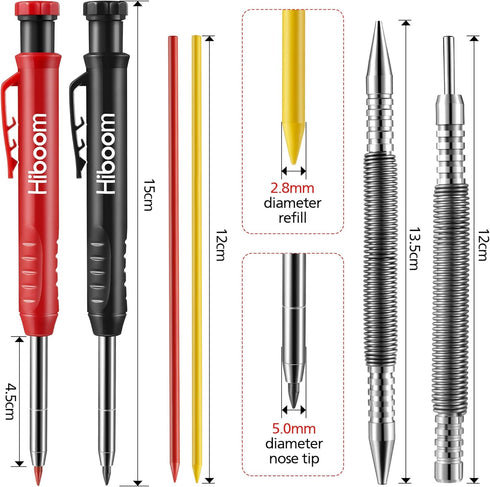 Hiboom Carpenters Pencil with12 Refills and Spring Loaded Nail Set Tool, Hammerless Nail Remover Hinge Pin Punch Set Deep Hole Marker Construction Heavy Duty Woodworking Pencils for Architect