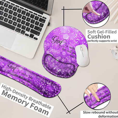 Mouse Pad with Wrist Support, Ergonomic Gel Memory Foam Keyboard Rest, Beautiful Purple Glitter for Office Decoration