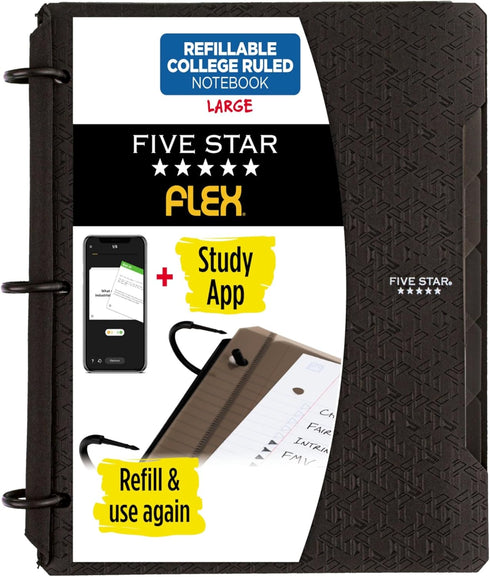 Five Star Flex Refillable Notebook + Study App, College Ruled, 1 Inch TechLock Rings, 200 Sheet Capacity, Black