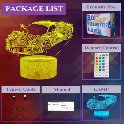 16 Dimmable, Car Gifts for Men, Racing Vehicle Night Light with Remote Control, Colors Changing, Timer, RGB Flashing