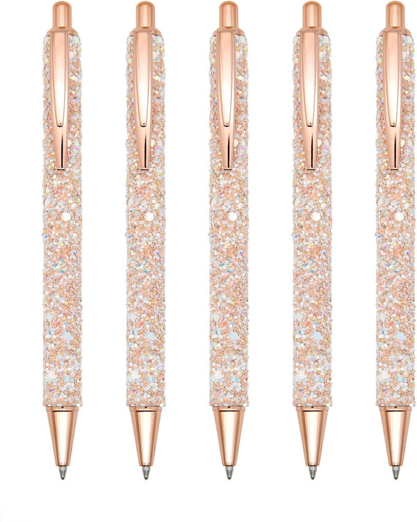 Gullor 5 Pcs Glitter Click Ballpoint Pens, Black Ink Medium Point 1mm for Office Supplies Gift (Gold)