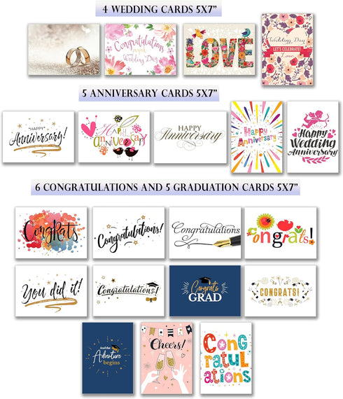 T&M Quality Designs LLC 100 5x7 Inch 100 All Occasion Cards Assortment Box with Envelopes and Stickers - Large Bulk