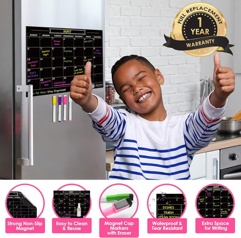 Black Magnetic Calendar for Refrigerator, Dry Erase Calendar for Family, Kids, Menu Planner, 12 x 16in with 4 Markers