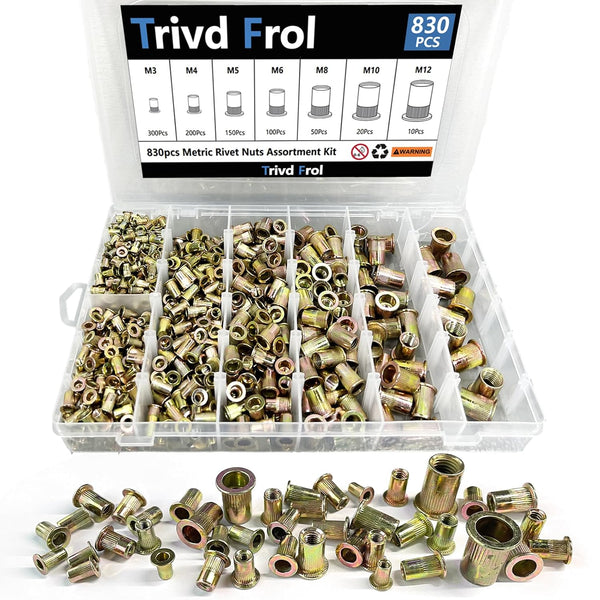 Trivd Frol Rivet Nut Tool Kit, 830pcs SAE/Metric Rivet Nut Assortment Kit M3, M4,