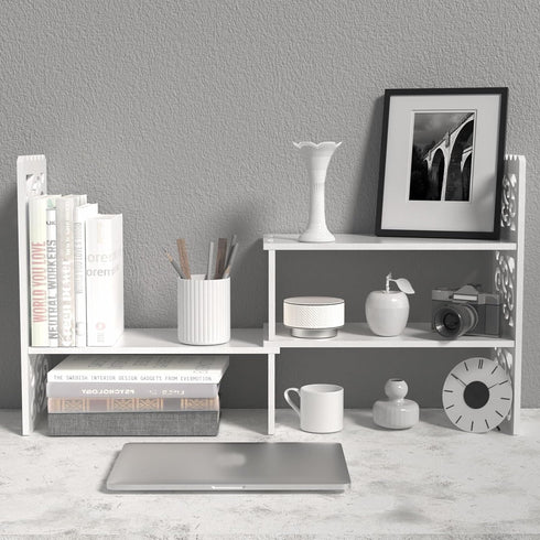 MASAKA B&W Desktop Organizers with Shelves, Adjustable WPC Display Shelf for Office Desk, Makeup Shelf, White